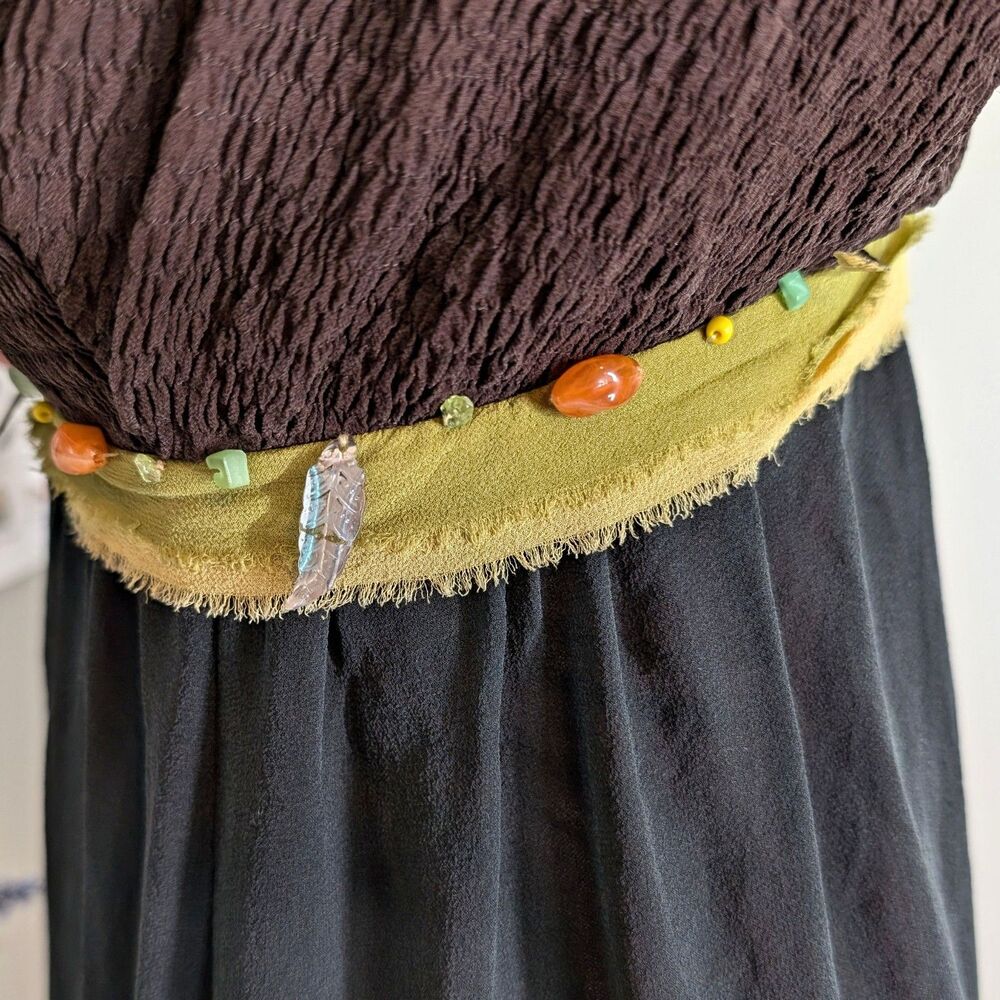 Vintage y2k Sue Wong Dress Silk Tribal Earth Fairycore Feather Beaded Size 4 - Picture 6 of 14